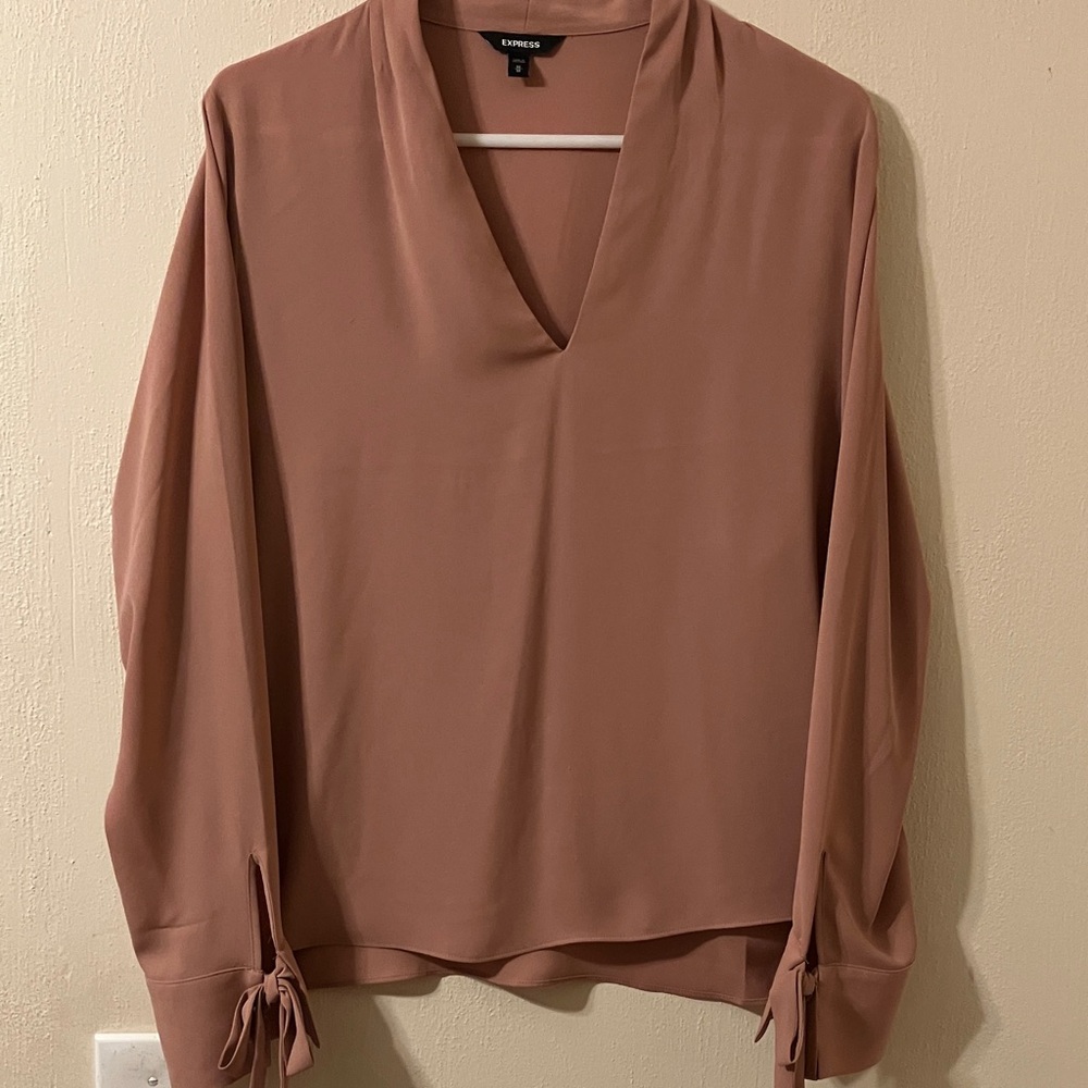 Express Blush V-Neck Blouse with Tie Cuffs